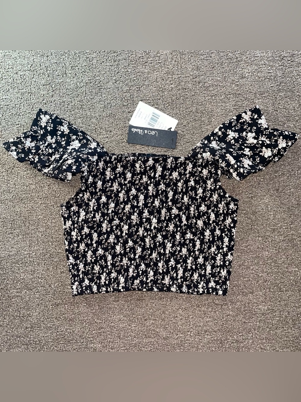 Lea & Viola Black Cream Floral Smocked Off Shoulder Crop Top